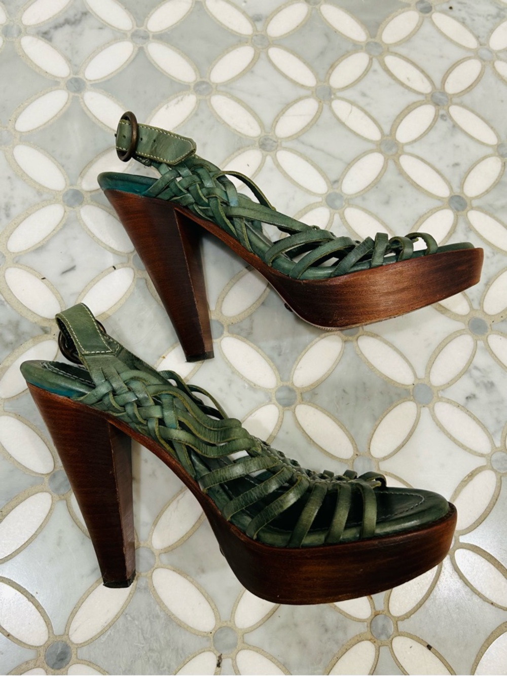 Frye Joy Huarache Platform Sandals Olive Green Leather Wood Heels Boho 9.5 - Picture 6 of 13